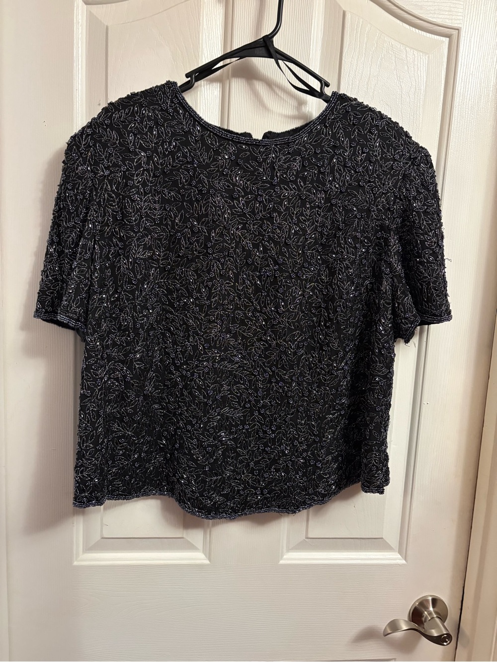 Papell Boutique Black Beaded Short-Sleeve Top. Zipper in the back.